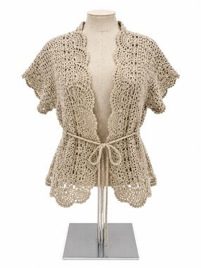 Christopher & Banks Crochet Tie Front Cardigan Beige Ramie Cotton Open Knit S